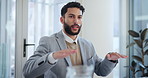 Businessman, documents and meeting with discussion on finance for proposal or corporate growth at office. Man, employee or financial advisor talking to client with paperwork in negotiation for profit