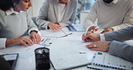 Advice, paperwork and hands of business people in office for planning, strategy or brainstorming workshop. Budget, contract and teamwork at table for growth, development or risk management research.
