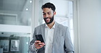 Phone, smile and businessman in office typing email, message or research online for law case. Happy, communication and male corporate attorney reading legal policy review on cellphone in workplace.
