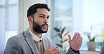 Businessman, meeting and discussion with finance for proposal or corporate growth at office. Man, employee or financial advisor talking or explaining to client in negotiation for steps or profit
