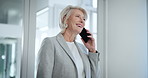 Phone call, smile and business woman in office for communication with corporate legal deal. Happy, professional and mature female lawyer on mobile discussion with cellphone for contact in workplace.