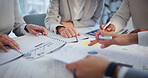 Meeting, paperwork and hands of business people in office for planning, strategy or brainstorming workshop. Budget, tax data and teamwork at table for growth, development or risk management research.