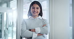 Arms crossed, corporate and smile with business Indian woman in office for professional administration. Company, portrait and trust with confident or happy employee at work for career development