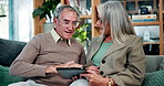 Smile, tablet and senior couple on sofa with connection, subscription or online news website in home. Scroll, old woman and happy man on couch with internet, retirement and digital app in living room