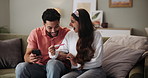 Hug, pregnancy test and surprise with Indian couple on sofa in living room of home for celebration. Happy, love or wow with excited man and pregnant woman in apartment together to share good news