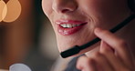 Business woman, consultant and call center at night with mic in customer service, support or telemarketing at office. Closeup of female person or mouth of agent working late for online advice or help