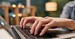 Woman, laptop and hand with typing on keyboard for digital report, feedback or research on article. Journalist, editor and person with technology in office for copywriting, review or creative writing