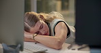 Night, office and tired woman sleeping on keyboard with pressure, stress or mental health disaster. Business, fail and girl consultant with burnout, fatigue or exhausted by working late or deadline