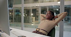 African woman, computer and done in night at office for smile, thinking or hands on head for target. Person, writer or editor with pride for story, article or proofreading with relief at media agency