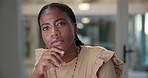 Thinking, computer and business black woman in office for online project, planning and typing email at night. Corporate, brainstorming and worker on pc for review, website and research in workplace