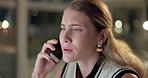 Woman, phone call and stress in night at office for question, confused or negotiation for deal. Person, consultant and smartphone for conversation, idea or overtime with contact for mobile networking