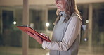 Tablet, office and mature business woman at night for online project, website review and social networking. Corporate, professional and worker on digital tech for research, report and internet news