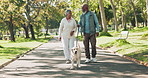 Couple, senior people and pet in park with smile for walk, exercise and fitness on retirement in New York. Relationship, dog and happy with workout outdoor for health, wellness and bonding as family