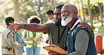 Park, people or volunteers talking with tablet for support, community project or plastic for nature sustainability. Humanitarian, recycling or senior leader in charity service or NGO for pollution