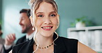 Office, happy and face of business woman with team for meeting, planning and feedback ideas. Professional, corporate and portrait of person in boardroom for teamwork, collaboration and discussion