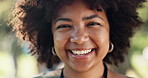 Volunteer, woman and excited portrait outdoor with smile of support staff with confidence in a park. Volunteering, laugh and joke with helping for charity and nature with about us and NGO at garden