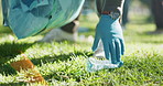 Hands, volunteer and gloves in park with trash for cleaning, community service and ngo charity project on grass. Person, climate change and closeup of helping for earth day, sustainability or action 