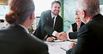 Business people, applause and handshake or celebration for welcome in boardroom with financial partnership or deal. Professional, employees and team with clapping hands for client onboarding or sales