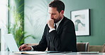 Laptop, burnout and tired businessman yawn in office for planning, research or exhausted from workload. Pc, fatigue and accountant bored while checking online review for financial, budget or savings 