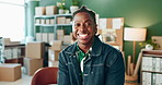 Startup, business and face of black man for distribution, shipping and logistics for retail store. Manufacturing, professional and portrait of worker for supply chain, ecommerce and delivery boxes