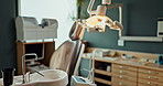 Empty, sink and dental room in clinic with dentistry equipment, appointment and medical office for treatment services or checkup. Furniture, workplace and hospital for oral health and hygiene.