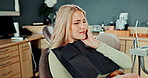 Cavity, pain and toothache with woman at dentist in chair for appointment, checkup or extraction. Dental care, oral hygiene and teeth with patient at orthodontist to prevent gum disease or decay