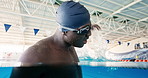 Man, loser and angry in swimming pool for sports, splash and disappointed with performance at global contest. African person, athlete and sad with stress, fight and upset at international competition