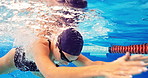 Swimming, athlete and woman in pool with cap for performance training, competition or challenge. Sports, water splash and swimmer with goggles for fitness, race or underwater endurance exercise