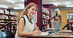 Laptop, writing and woman student in library to study for education, exam preparation or learning. Computer, notebook and smile with portrait of happy person at table for homework or research