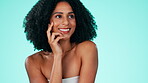 Thinking, face and skincare with a model black woman in studio on a blue background for natural treatment. Idea, beauty and cosmetics with an attractive young female contemplating her skin routine