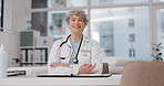 Medical, doctor and happy with face of old woman in office for consulting, wellness and medicine. Healthcare, smile and expert with portrait of senior person in hospital for surgery and professional