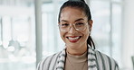 Business woman, face and office with a writer and a smile at creative agency ready for work. Portrait, happy and professional with glasses at a startup with writing career, confidence and job pride