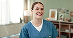 Nurse, smile and portrait with nursing home, caregiver and confident in senior wellness service. Living room, healthcare professional and medical pride, retirement and happy for elderly care