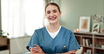 Nurse, smile and portrait with crossed arms in nursing home, caregiver and confident in senior wellness service. Living room, healthcare professional and medical pride, retirement and elderly care