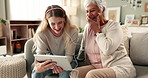 Tablet, grandmother and daughter streaming, laugh and comedy show online in home. Technology, earphones and funny for watching in living room, digital and family for comic and retired female person