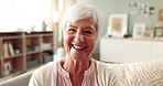 Happy, relax and portrait of senior woman in retirement home with cheerful, joy and positivity in house. Smile, living room and face of elderly person with confidence, calm and peaceful in morning