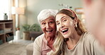 Grandma, woman and happy in home with selfie for bonding, memories and support with love and care. Portrait, laugh and smile in living on visit as family together for joy, fun and kindness or excited