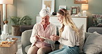 Grandma, woman or photograph for memory in home for nostalgia, learning or to remember. Senior grandmother, girl or family with pictures of old people, history or retro album on sofa in house lounge 