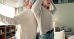 Dance, happy and grandmother with woman in home for bonding, music and loving relationship. Family, dancer and grandma with granddaughter in living room for learning moves, relax and fun on weekend