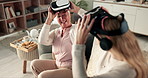 Virtual reality, happy and grandmother with woman on sofa for video games, cyberworld and metaverse in home. Family, gamer and grandma with girl in vr glasses for bonding, relax and have fun together