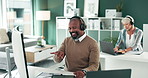 Computer, dancing or happy businessman in headphones with project, company task or email. Financial research, music playlist or African consultant working on investment for growth online in office