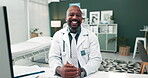 Doctor, mature man and happy for healthcare in office with paperwork for medical admin or online consulting. Black person, medicine expert and smile at workspace with confidence for career or service