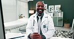 Doctor, black man and happy for healthcare in office with paperwork for medical admin or online consulting. Mature person, medicine expert and smile at workspace with confidence for career or service