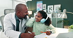 Girl, drawing and paper in hospital with doctor, father or black man with headphones, help and learning. Dad, daughter or child with art, talking and listening to music in office at clinic with care