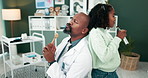 African man, dad and girl with singing in office at clinic with bonding, connection or comic dance with rhythm. Black family, doctor and child with game, funny concert or karaoke together in hospital