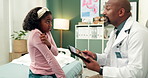 Black man, doctor and tablet with child in consultation for chickenpox, diagnosis or viral infection on bed at clinic. African or male person consulting little girl with technology for itchy disease