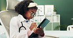 Girl, child and play doctor in hospital with tablet, reading and click on internet for games, app and learning. Kid, medic and thinking in clinic office with digital touchscreen for typing for search