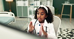 Girl, child and video call to play doctor with talk in hospital by computer, advice and learning for future career. Child, telehealth and virtual consultation with game, conversation and pc in clinic