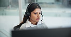 Woman, help and consultant in office for customer service or crm call center for b2b networking. Telemarketing, sales and contact us for virtual technical support, chat or advice with solution