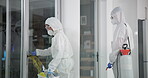 Professional, people and biohazard cleaning with tape, office and sterilization for health care. Germ, protection and virus with safety suit for chemical exposure, fumigation team and hygiene mask